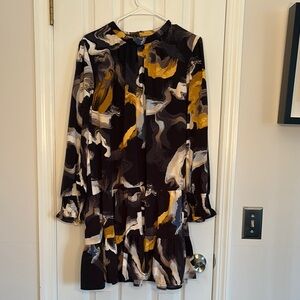 Nine West Black and White Ruffled Long Sleeve Dress